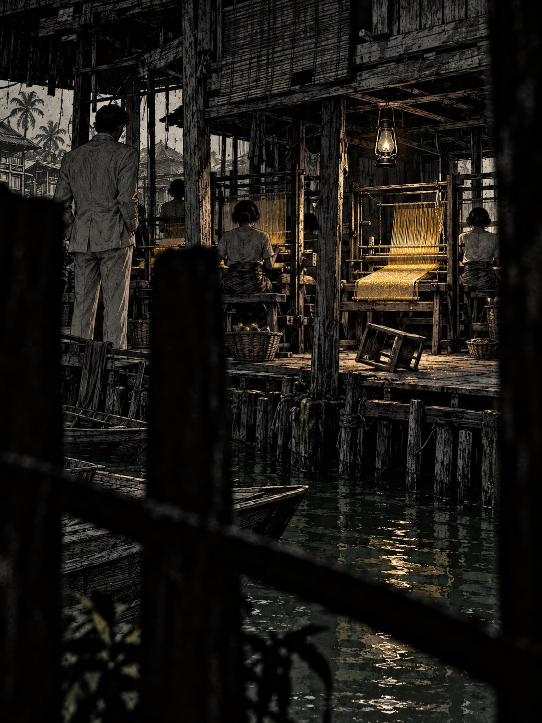 Women weave golden silk at hand looms under a canal-side house as a man in a pale suit watches