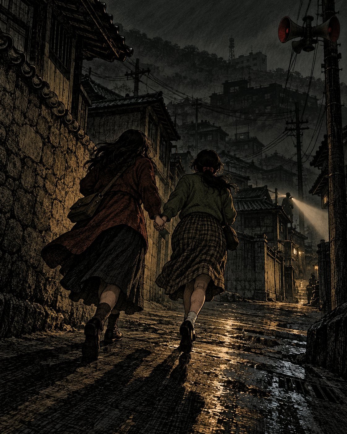 Two young women run hand in hand down a dark village street during a blackout drill