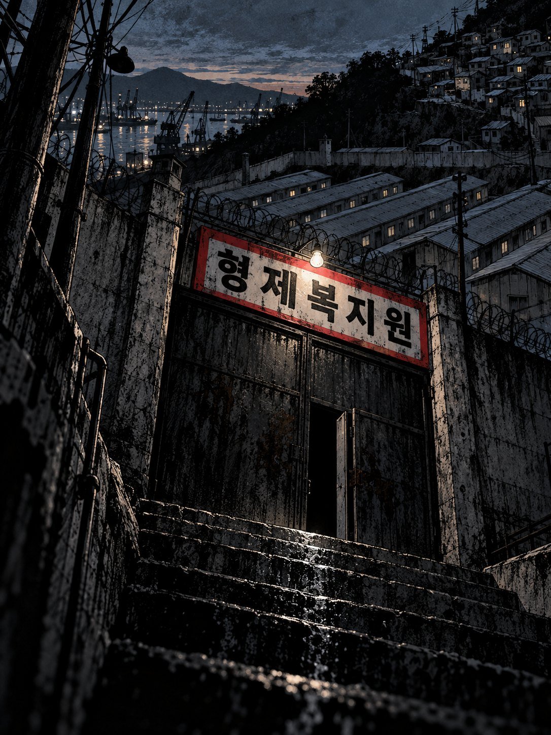 The iron gate of Brothers Home under a lit signboard, set in a high wall topped with barbed wire