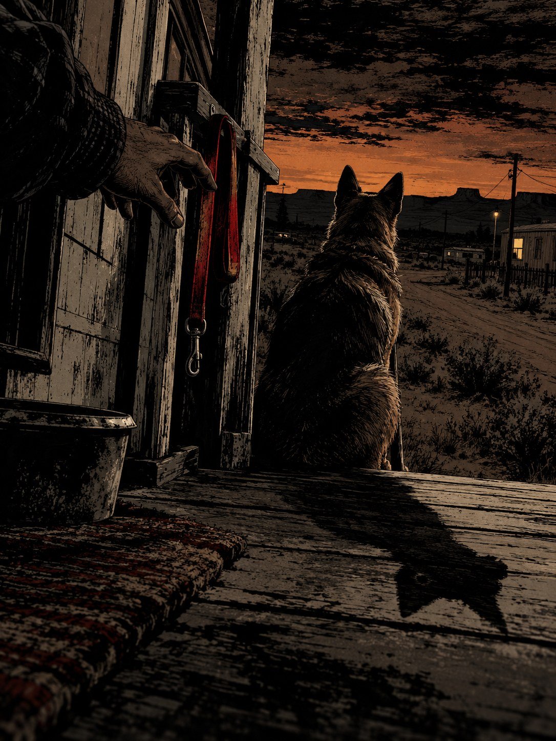 A trailer porch at dusk: a dog sits waiting at the top of the steps, a leash hanging from the rail, a neighbor's hand reaching for it