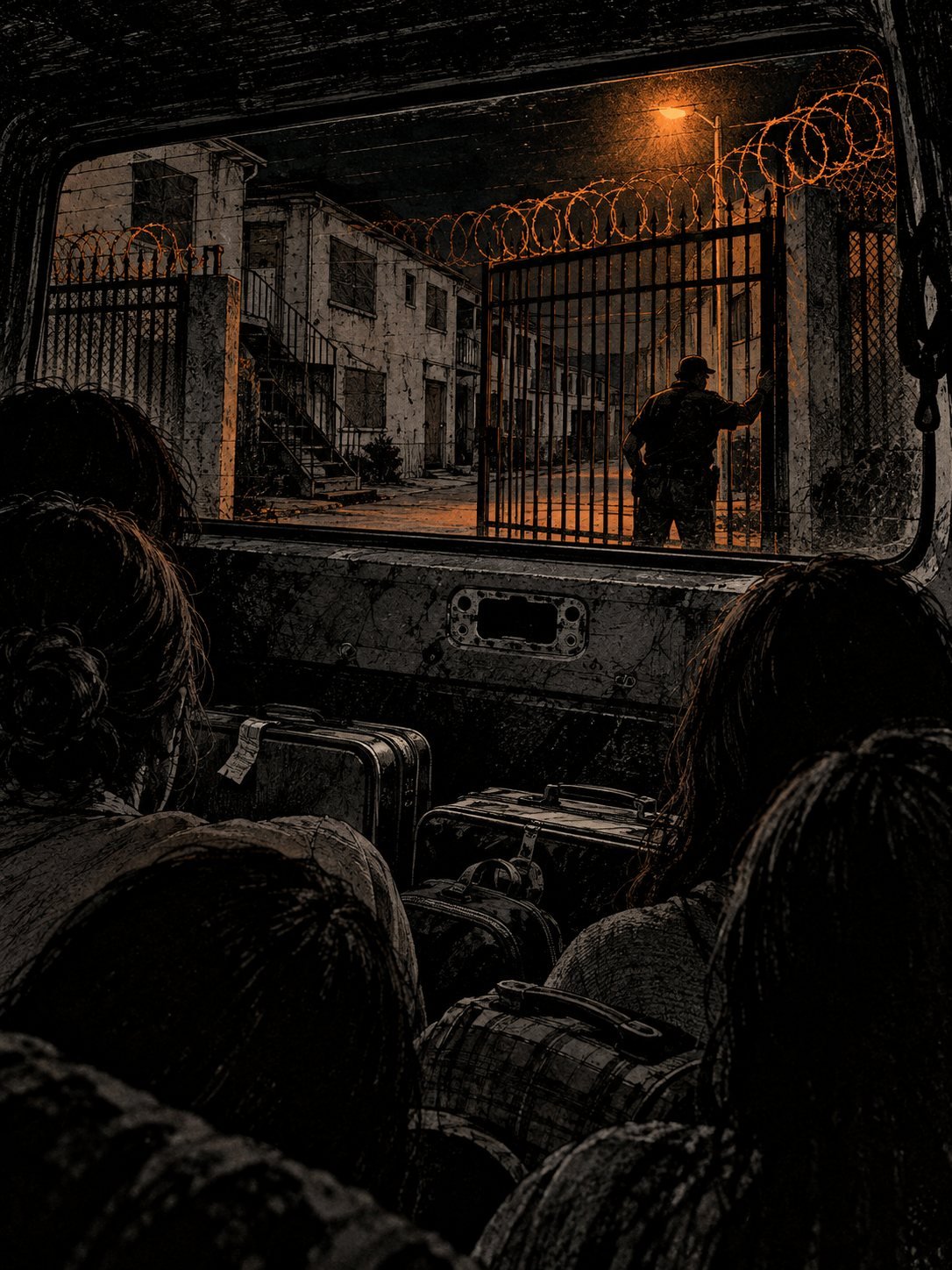 From inside a van, women watch an iron gate topped with razor wire close behind them