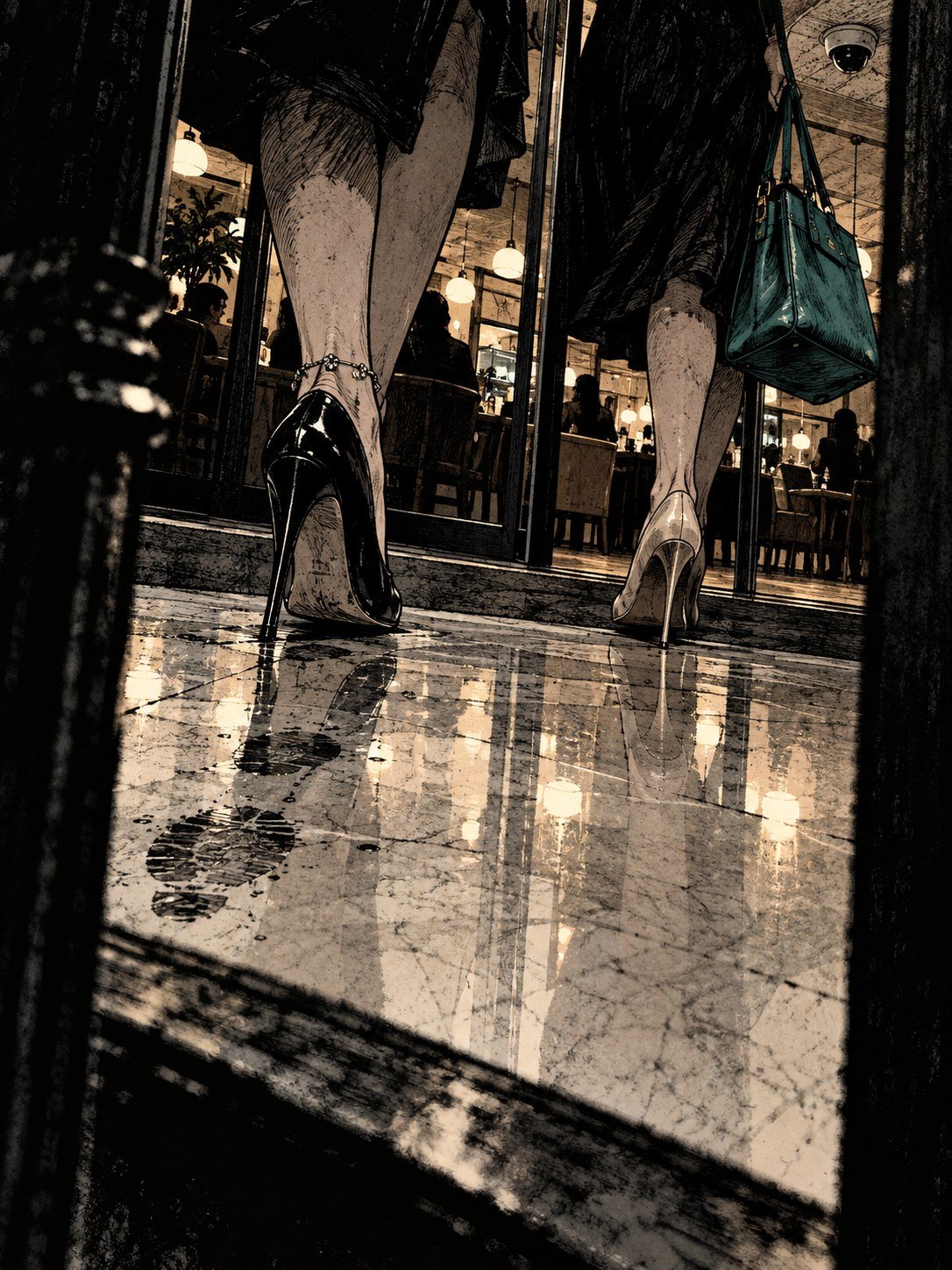 Two women's feet in heels stepping into a cafe, one carrying a teal handbag