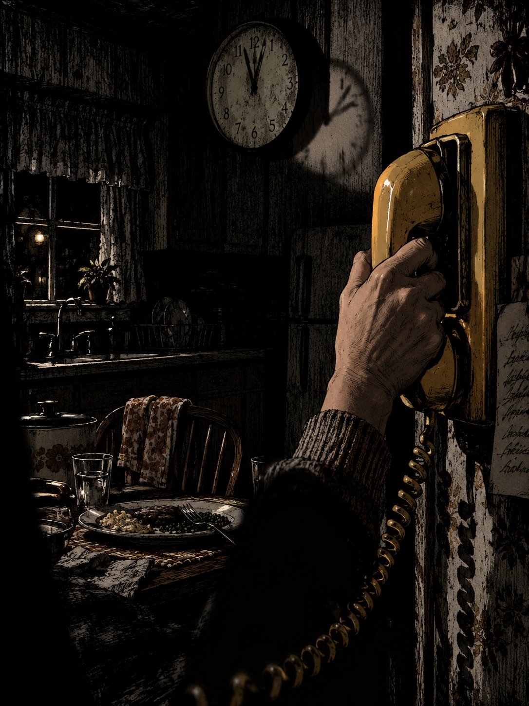 A hand on a 1970s kitchen wall phone beside an untouched dinner plate and a clock near midnight