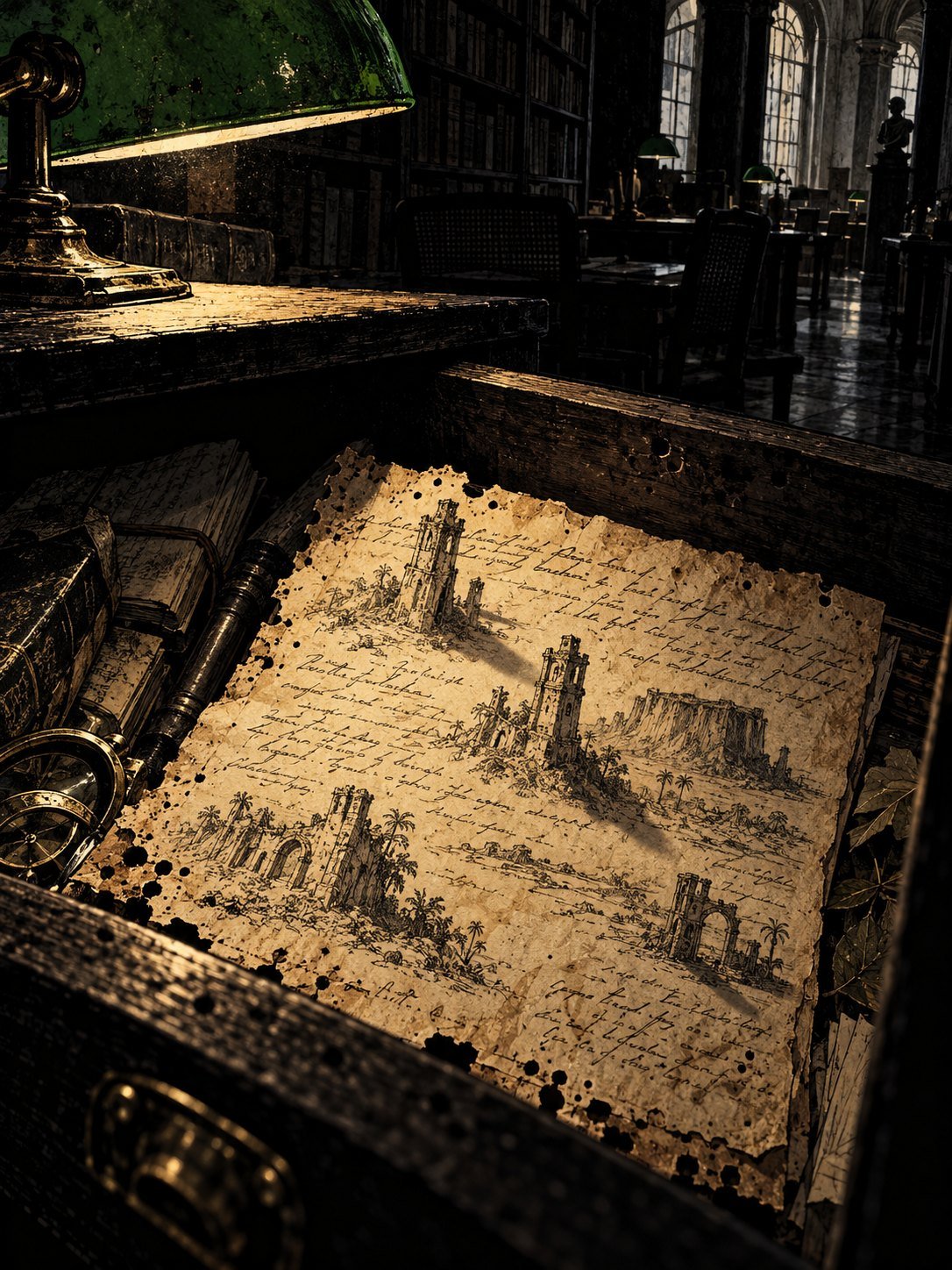 A worm-eaten manuscript page with sketches of ruined towers in an open drawer of an old library