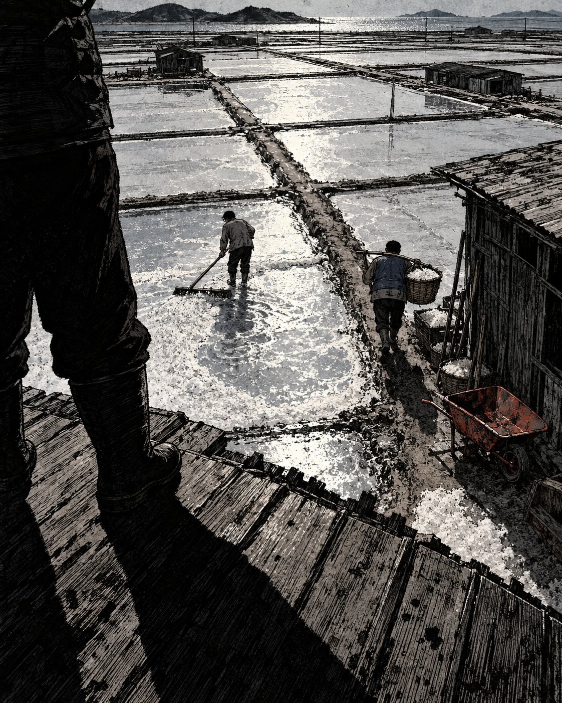 Seen from a shed roof, two workers rake and carry salt across sunlit salt pans