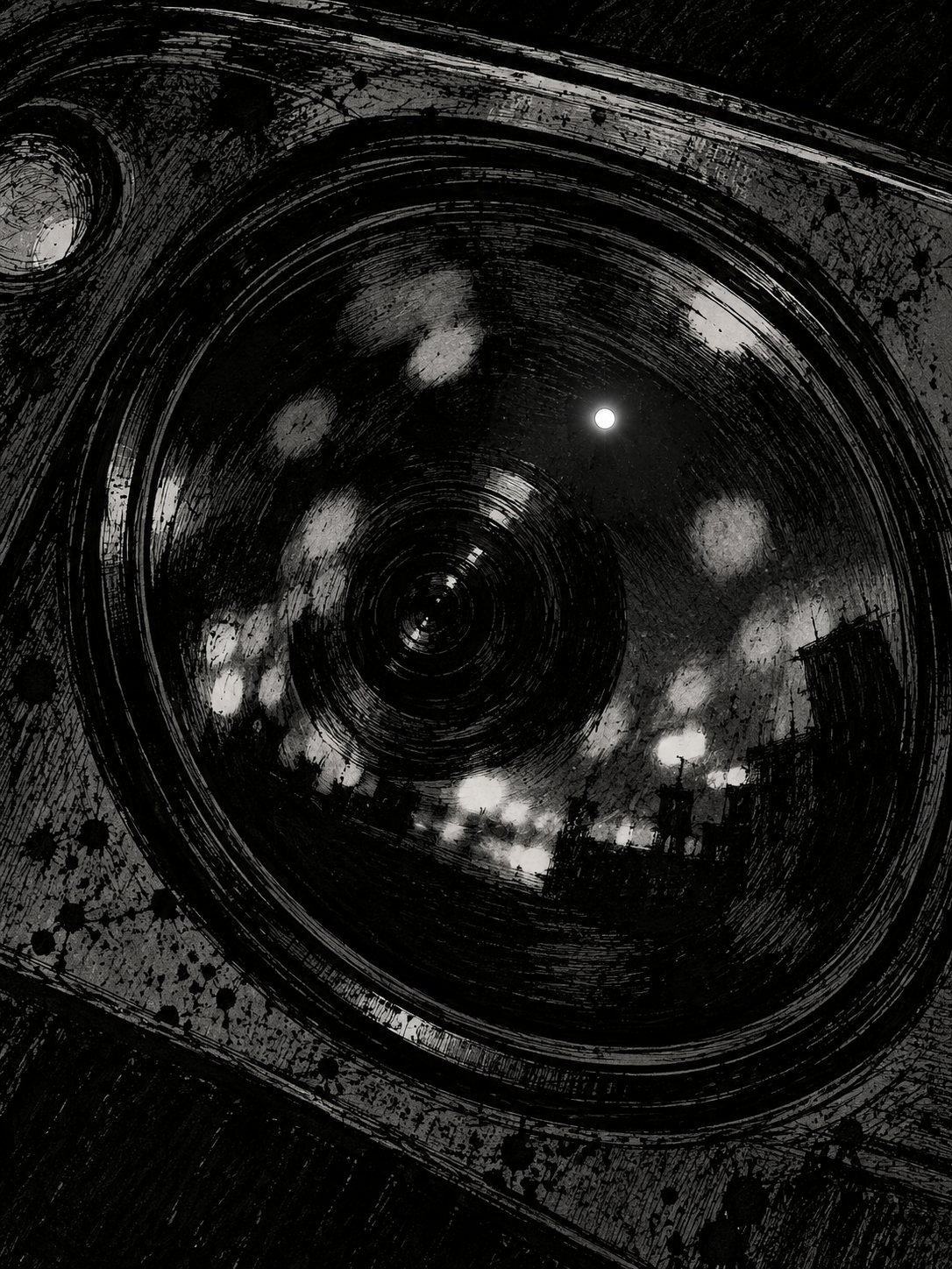 The tiny glass lens of a smartphone camera fills the frame. Reflected and smeared across the curved lens are blurry white orbs of light
