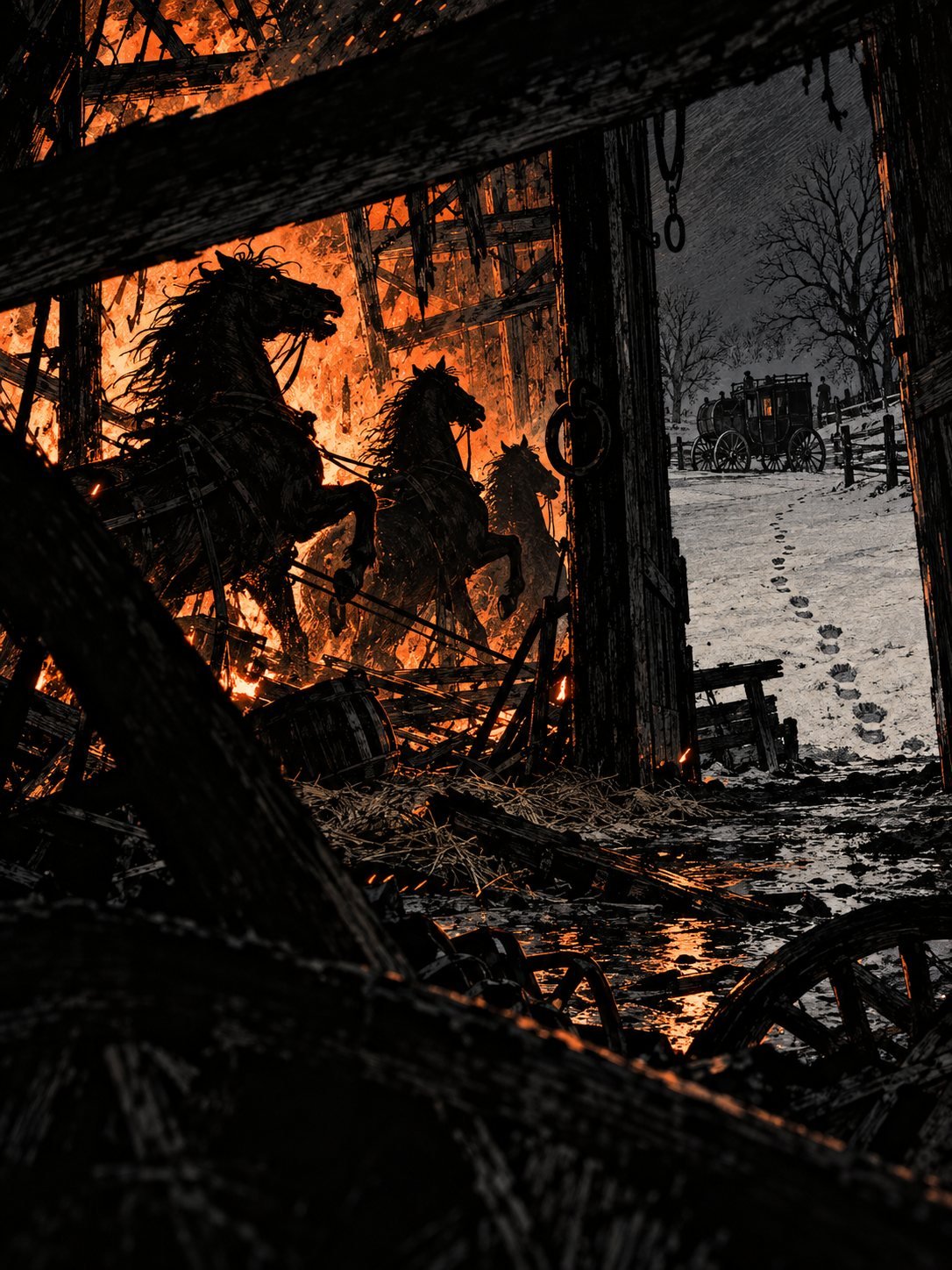 Horses rear in a burning stagecoach stable as footprints lead calmly away through the snow