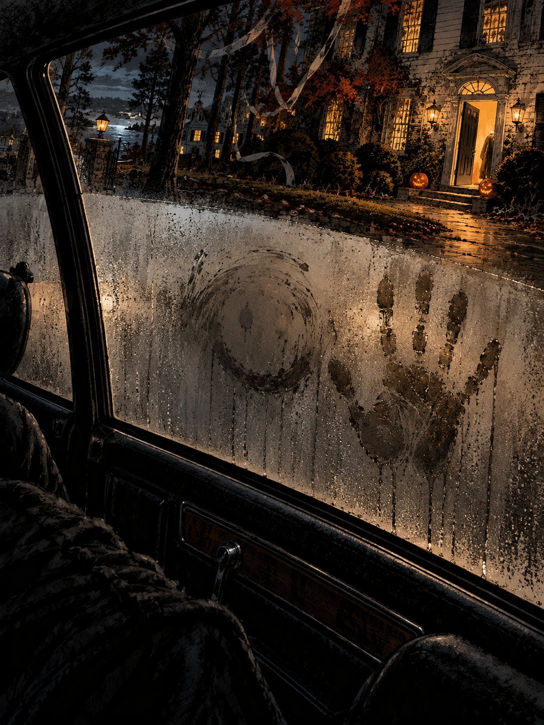 A parked 1970s station wagon at night across the street from the big mansion, its windows fogged. Through the fog, the mansion's side door is half open, warm light spilling onto th