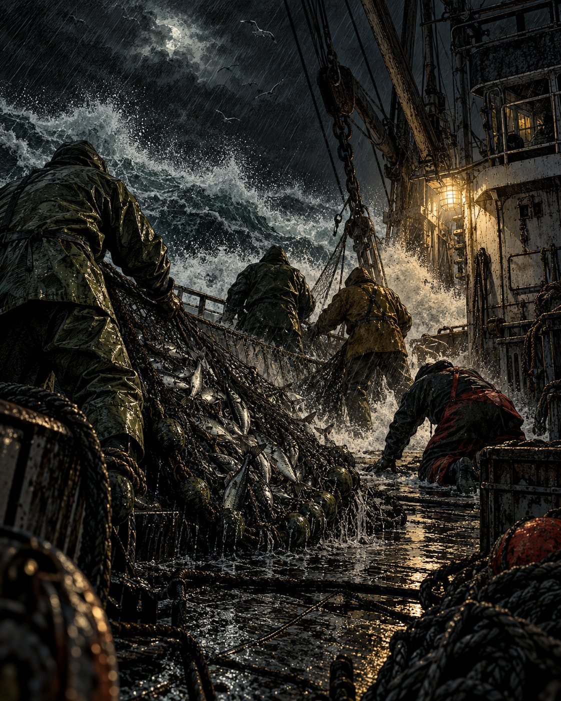 Exhausted fishermen haul a heavy net onto a trawler deck during a violent storm at night