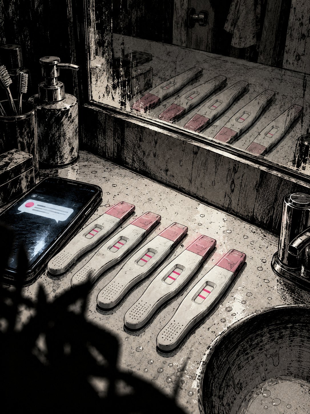 A clean bathroom counter under harsh light: a row of positive pregnancy test sticks laid out neatly, each showing two lines. A phone beside them, lit with an unread message bubble
