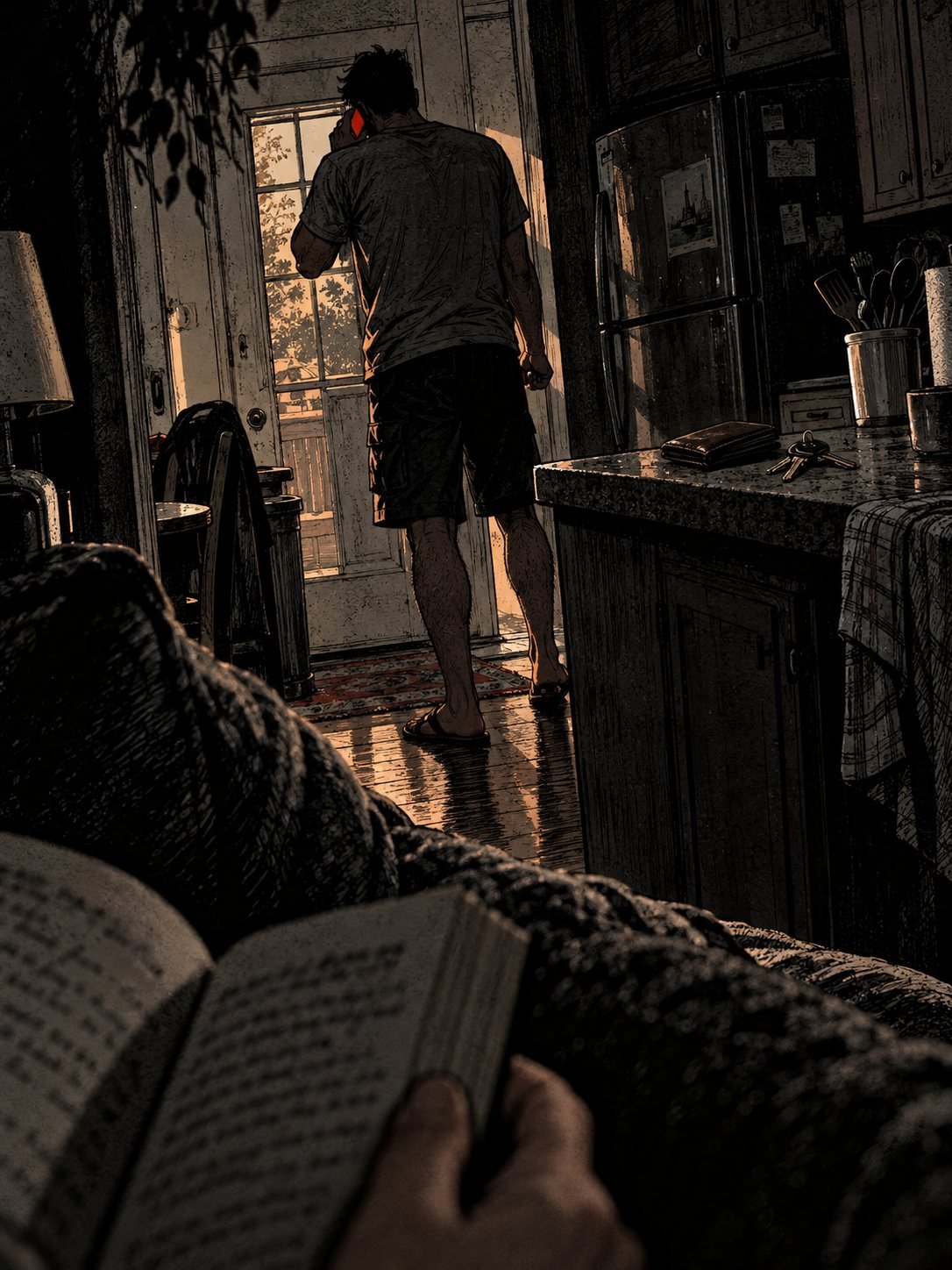A man in shorts takes a phone call and turns toward the back door, his wallet and keys left on the kitchen counter