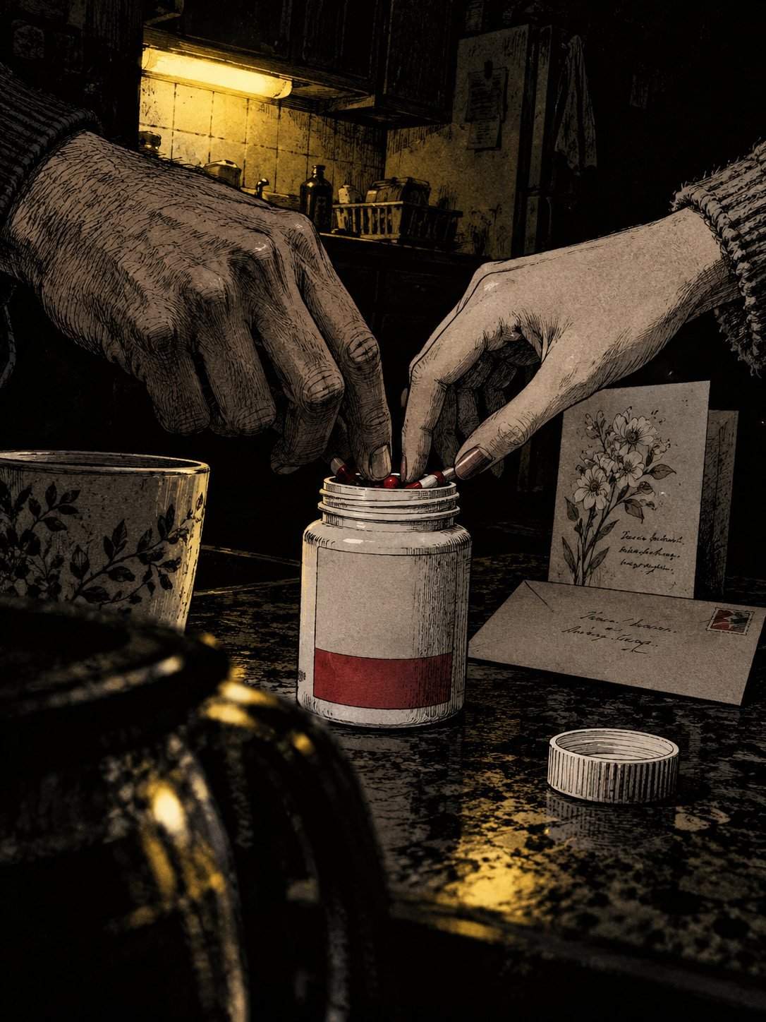 Two hands, a man's and a young woman's, both reaching into the same small white pill bottle with a plain label and no readable brand name at the same moment, fingers almost