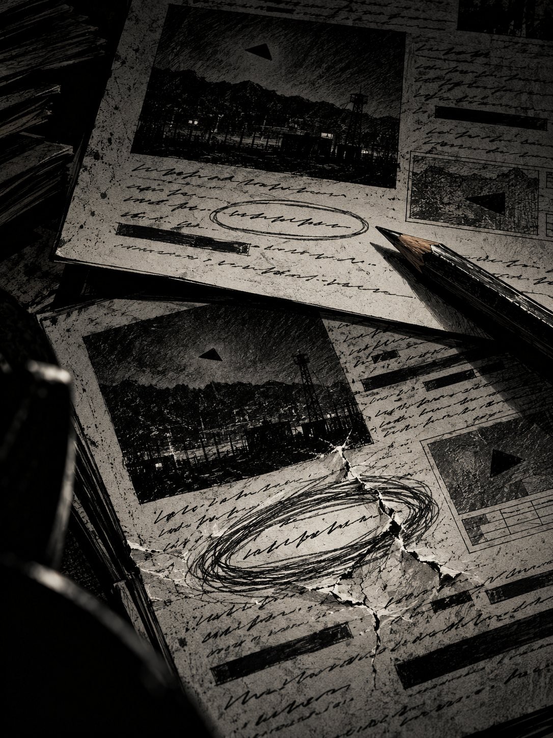 Two official reports lie on top of each other, slightly offset, both describing the same night, their lines drawn as illegible strokes. A pencil has circled one short line on each 
