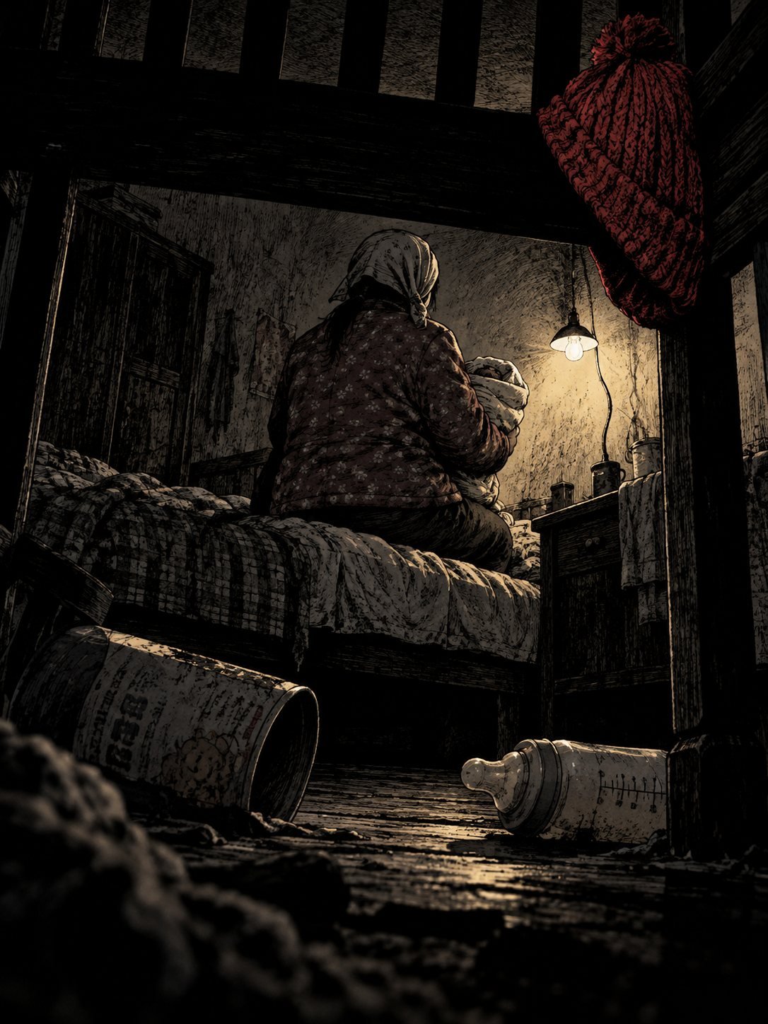 A mother in a headscarf holds a wrapped bundle on a bed as a red knitted cap hangs from the crib