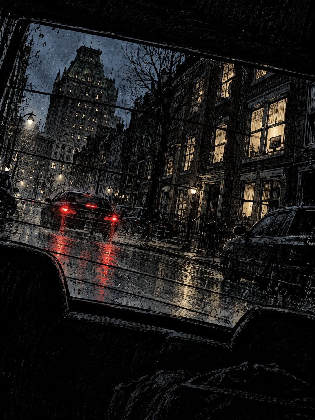 Through a rainy rear window, a car's red taillights pull away down a Baltimore street at dusk