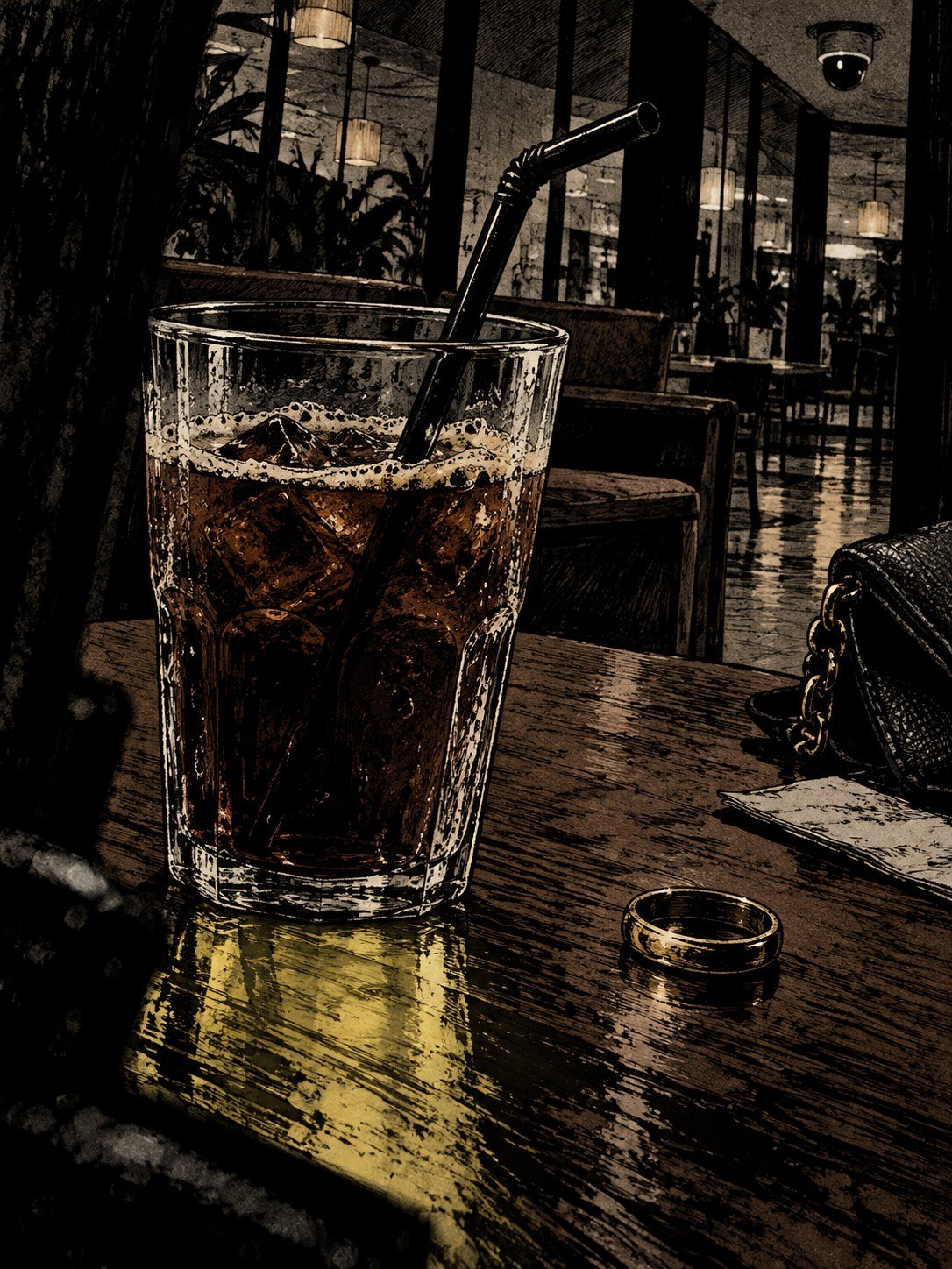 An iced coffee with a bent straw and a wedding ring beside it on a cafe table