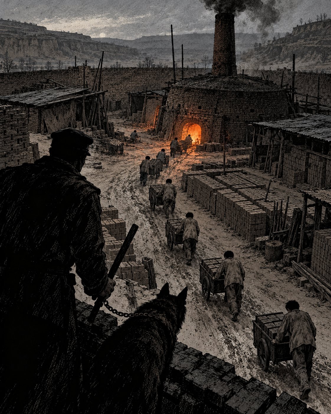 A guard with a club and a chained animal watches boys push brick carts toward a kiln at dawn