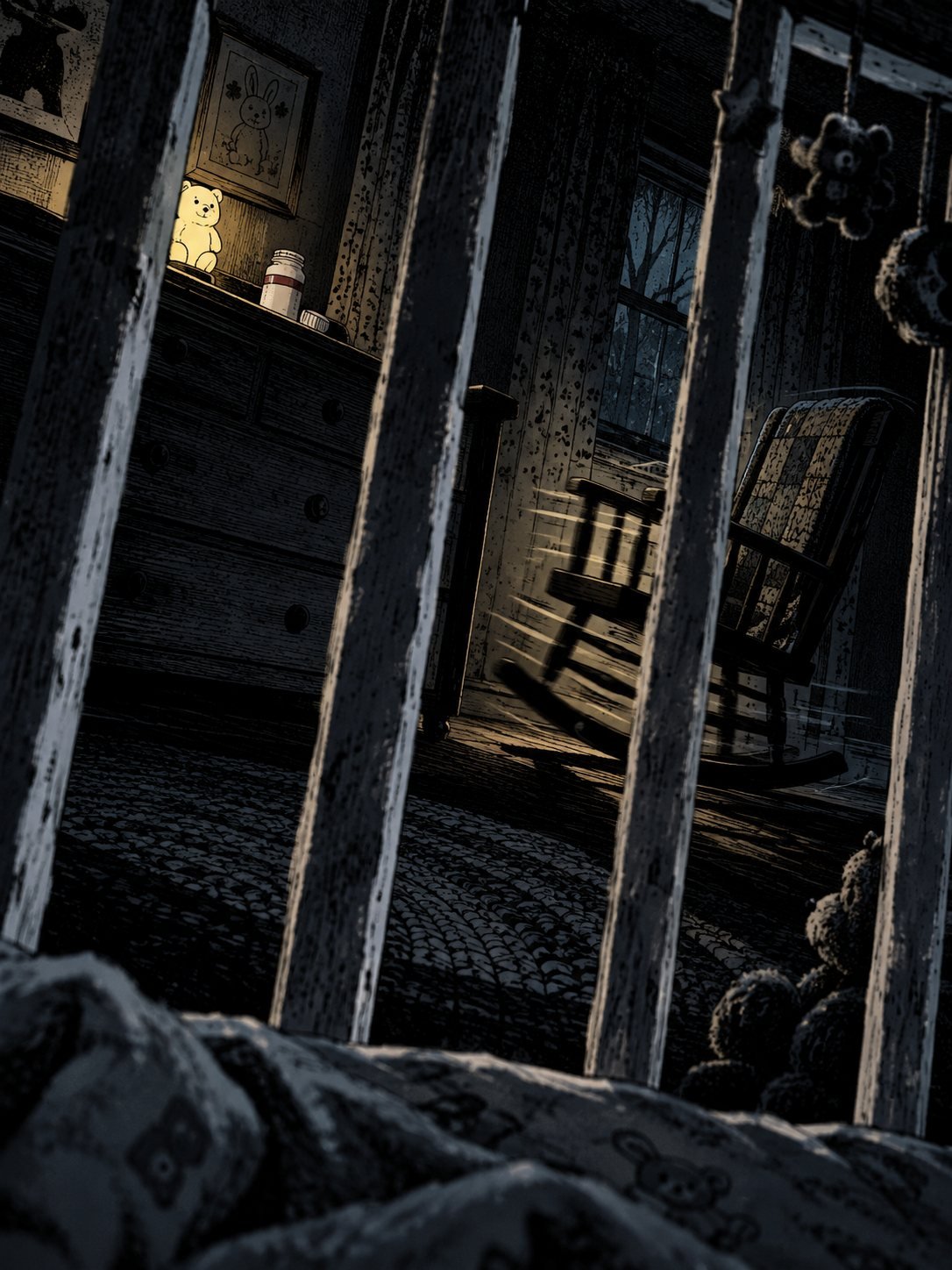 Night, a nursery seen through the white bars of an empty crib. Across the room, on the dresser under a nightlight, a small white pill bottle with a plain label and no readable bran