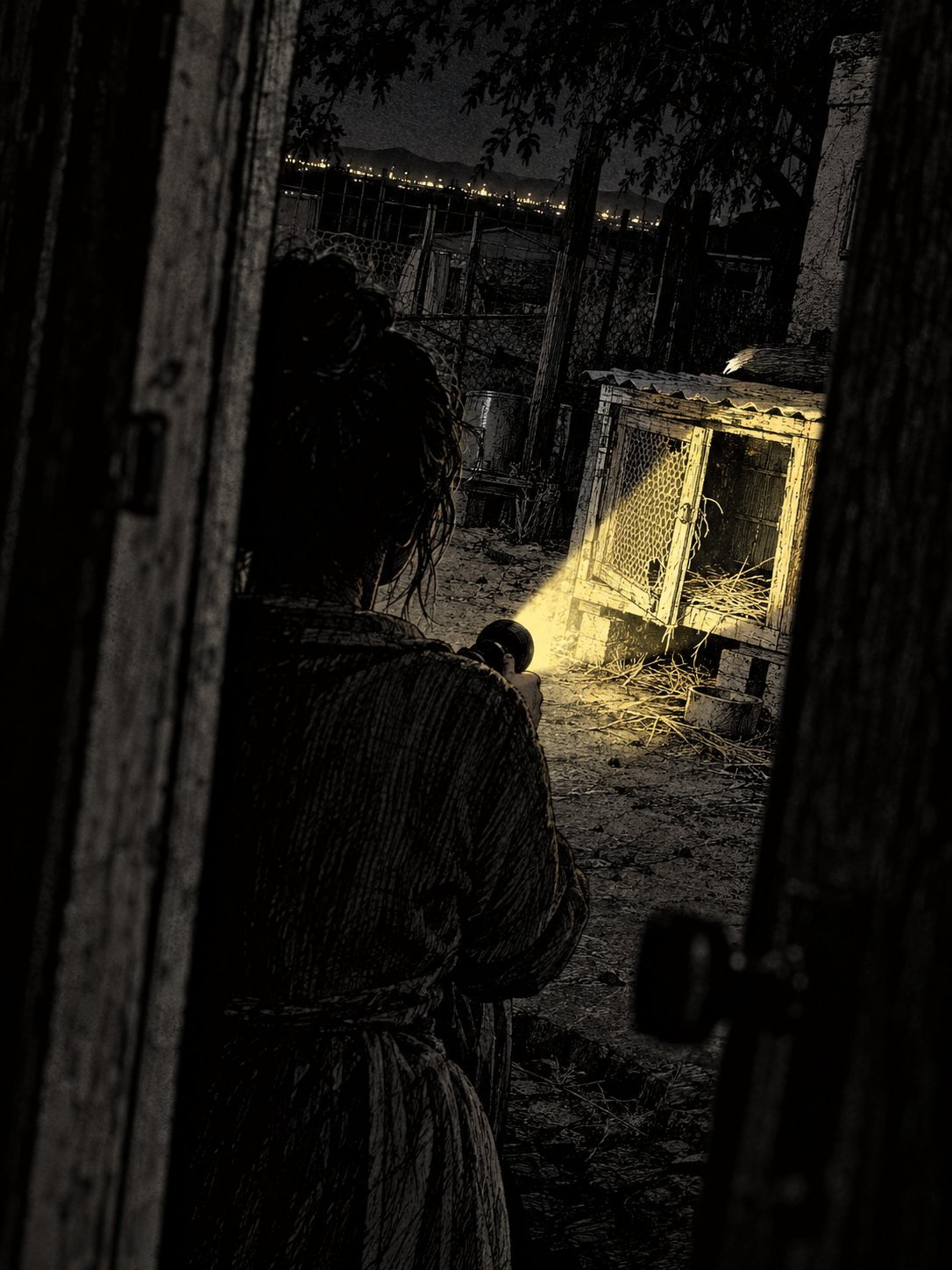 Inside an adobe farmhouse at night, a farmer's wife, seen from behind, holds a flashlight toward the dark yard through the gap. The beam lands on a rabbit hutch with its wire door