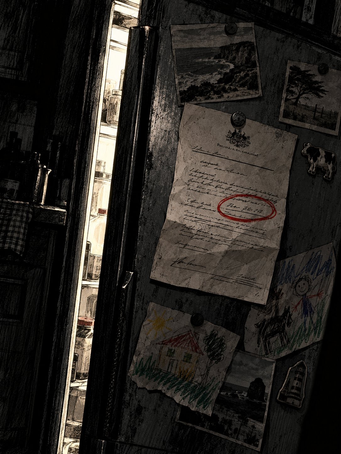 A tribunal hearing notice on a fridge door, the date circled hard in red, filling the frame between kids' crayon drawings