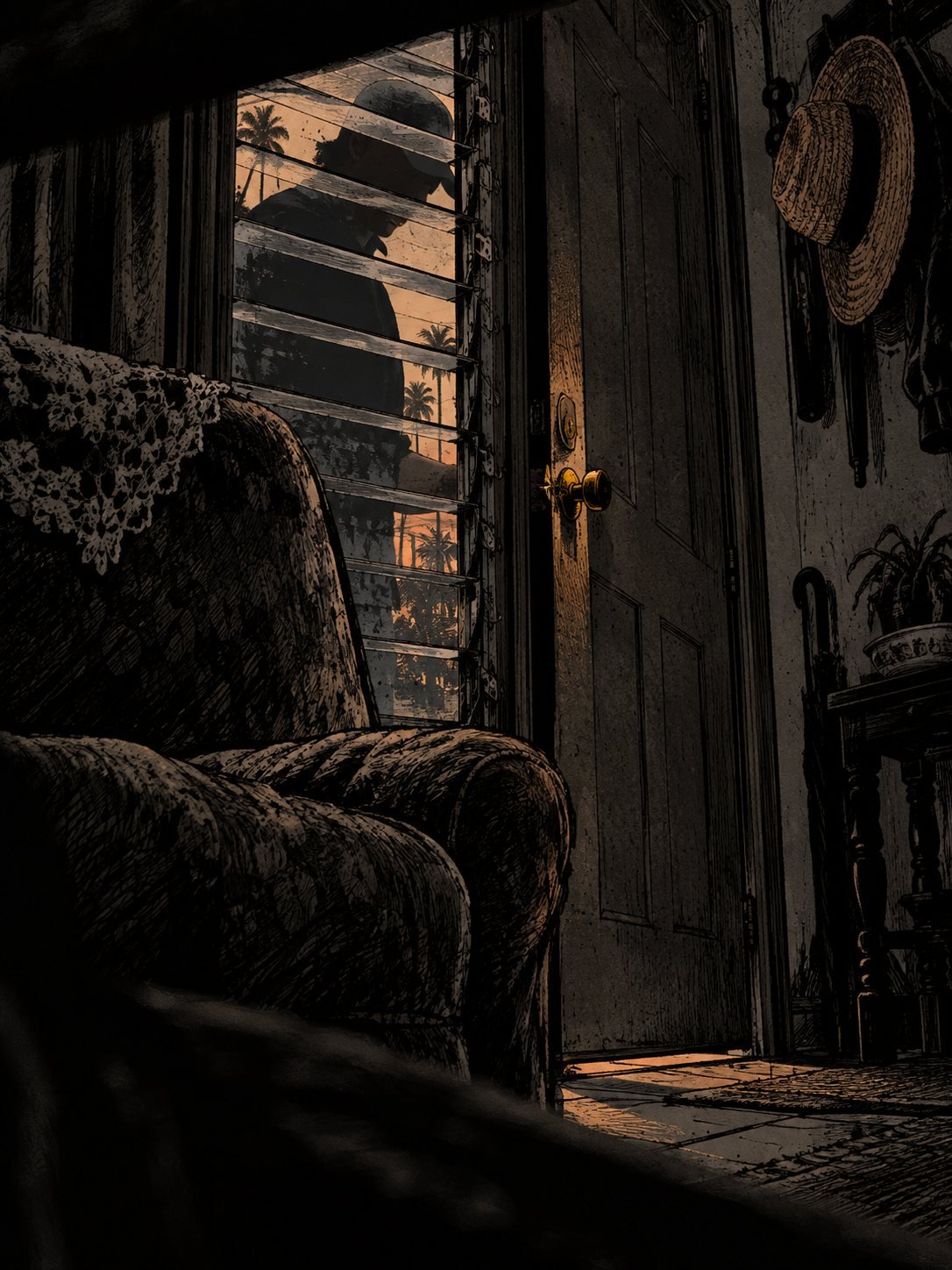 From inside a dark living room, a man's silhouette appears through jalousie glass as the doorknob turns