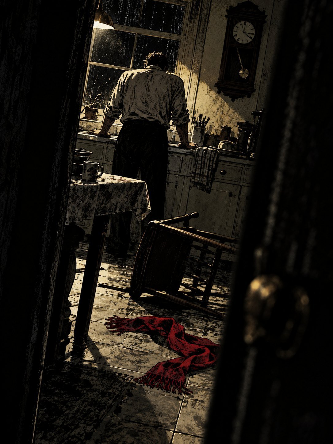 1976, a family kitchen at night: a chair knocked onto its side, a woman's scarf on the floor, a man's back at the sink, his hands gripping its edge