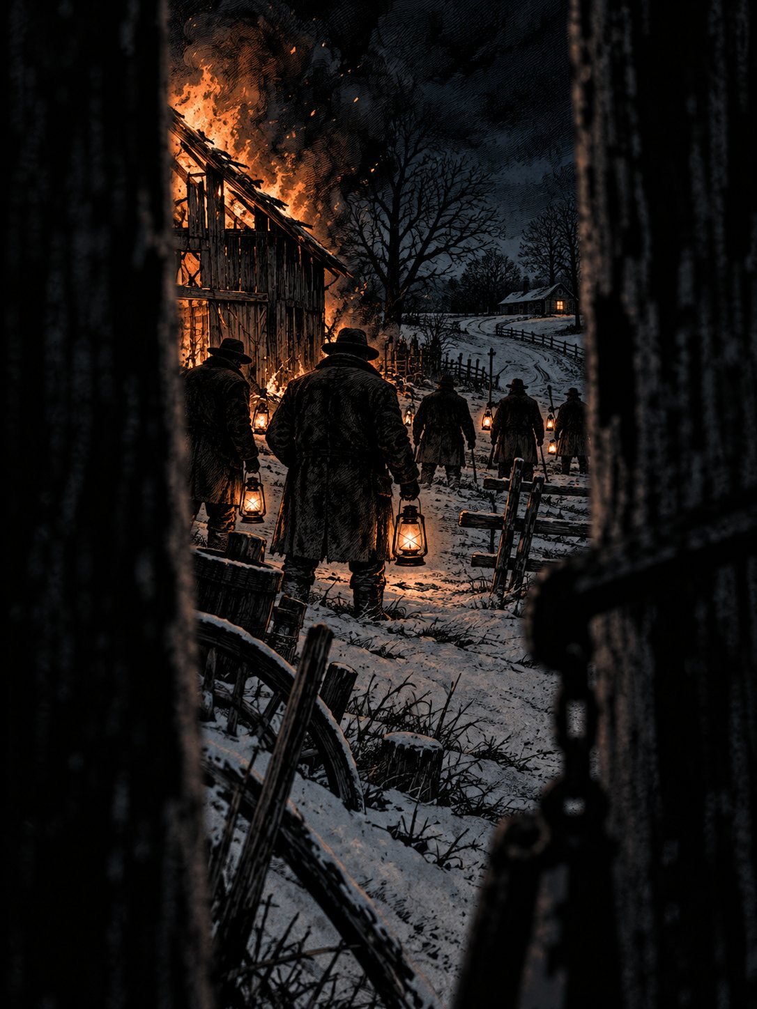 Neighbours with lanterns stand before a burning barn, all facing a distant farmhouse