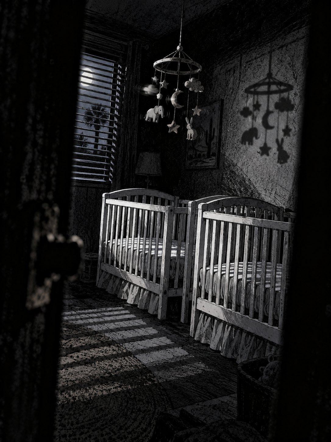 An empty nursery at night, two identical white cribs side by side, a mobile hanging still above them, moonlight through blinds