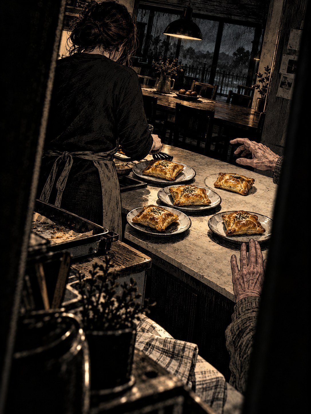 A person seen from behind plating golden pastry parcels as elderly hands reach in to help