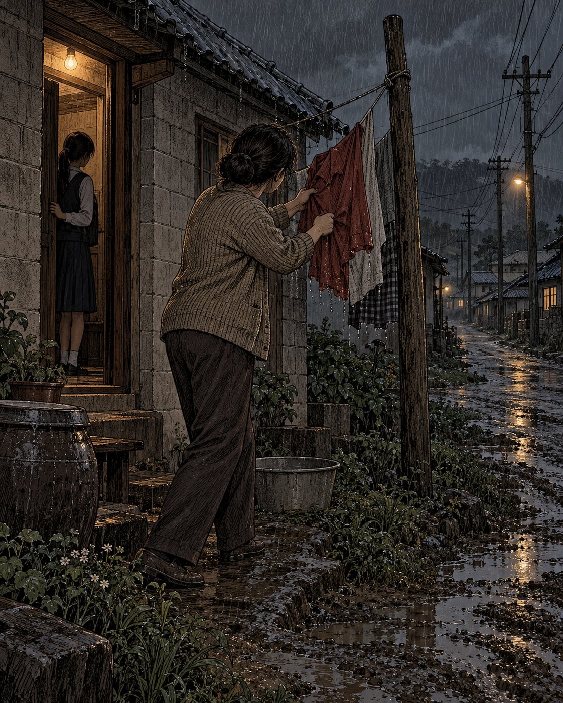 A mother pulls a red cloth off a laundry line in the rain while her daughter watches from the doorway
