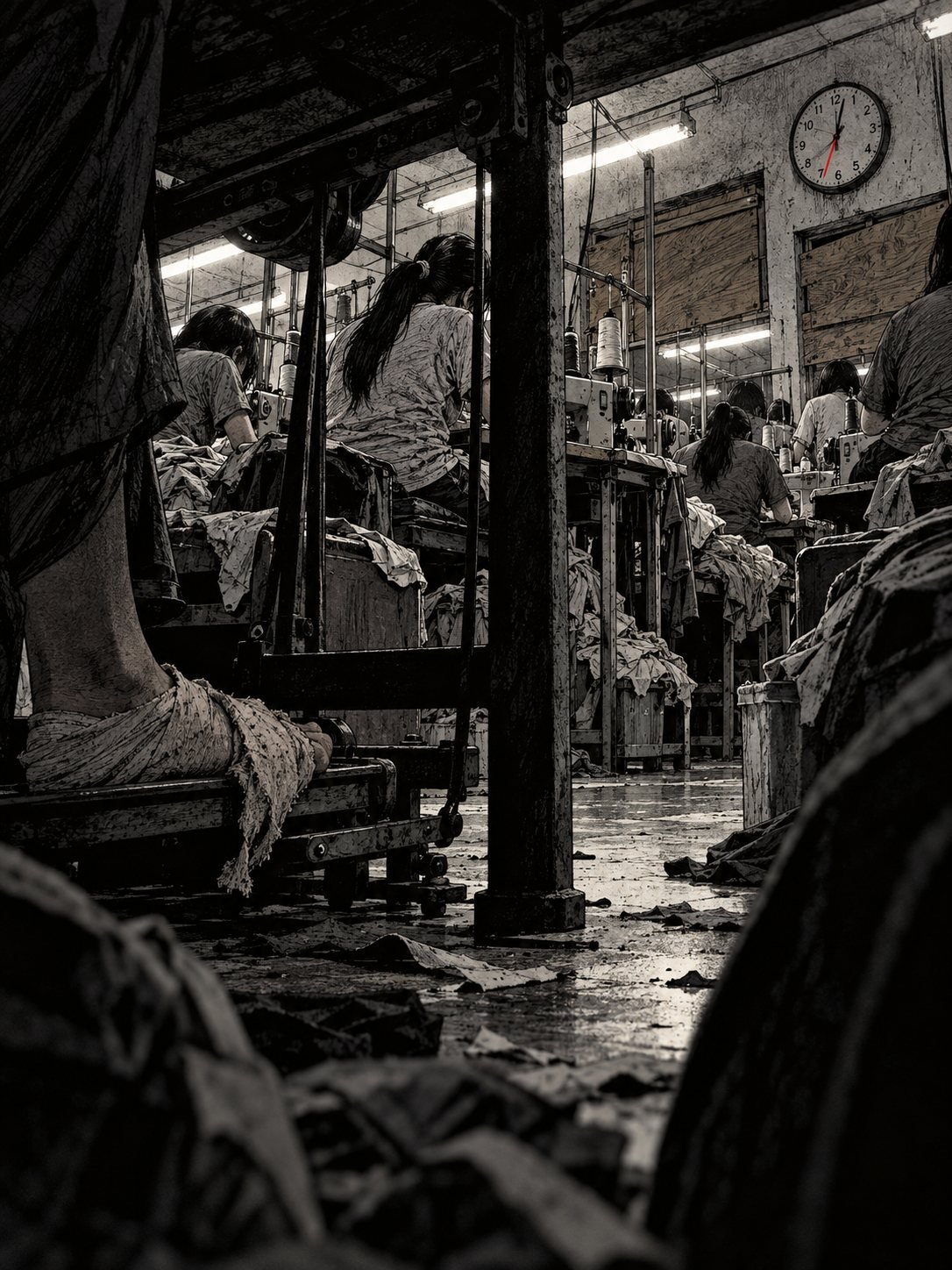 Seen from under a sewing table, rows of workers sew at dawn, one foot wrapped in a rag on the pedal