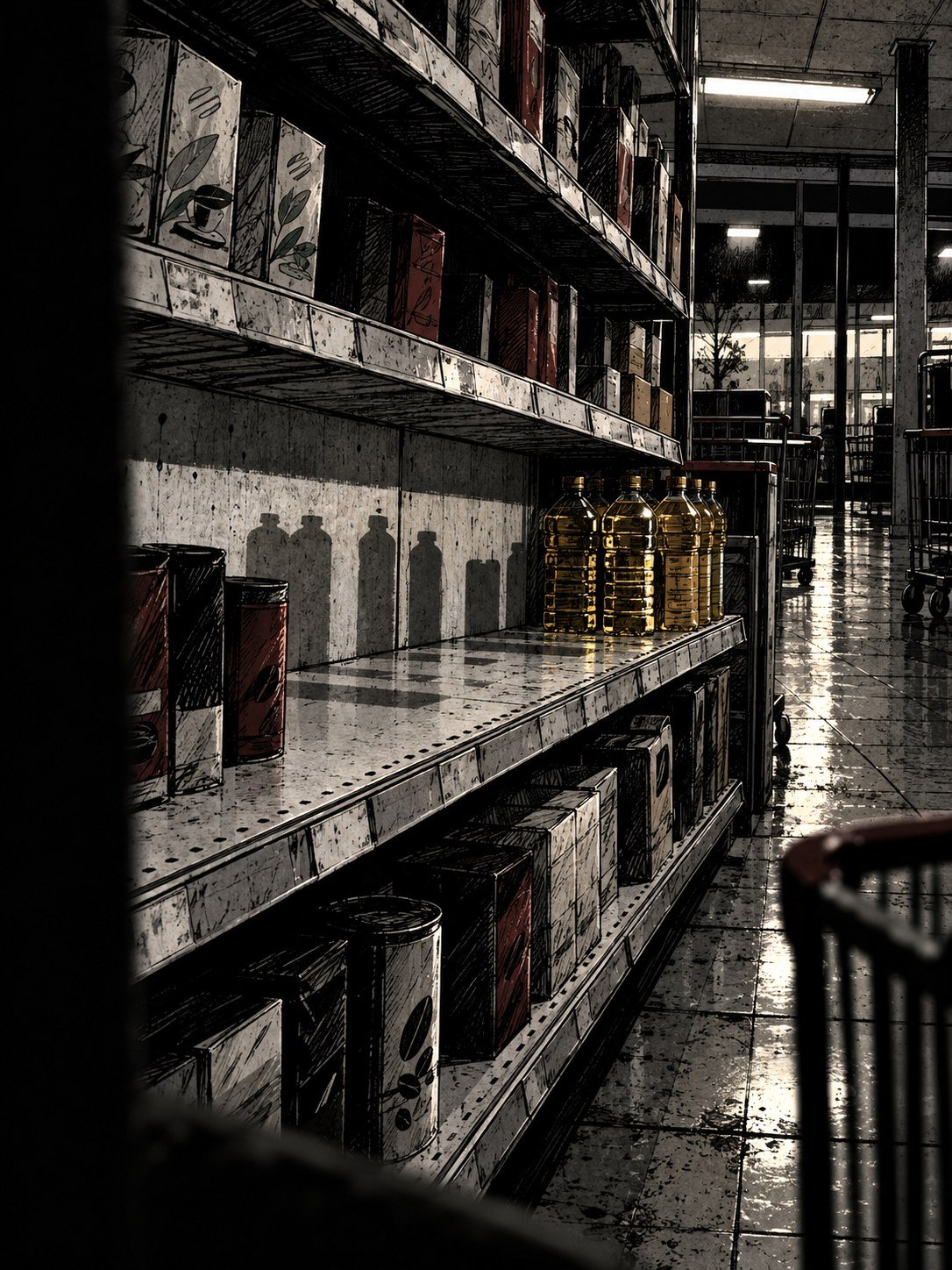 Supermarket shelves with gaps and shadows where bottles of oil once stood