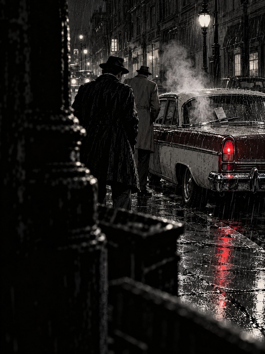 Seattle, 1962: a 1950s two-tone Ford sedan with chrome bumpers abandoned at the curb of a rainy downtown street, doors closed, a parking ticket under the wiper. Two plainclothes de