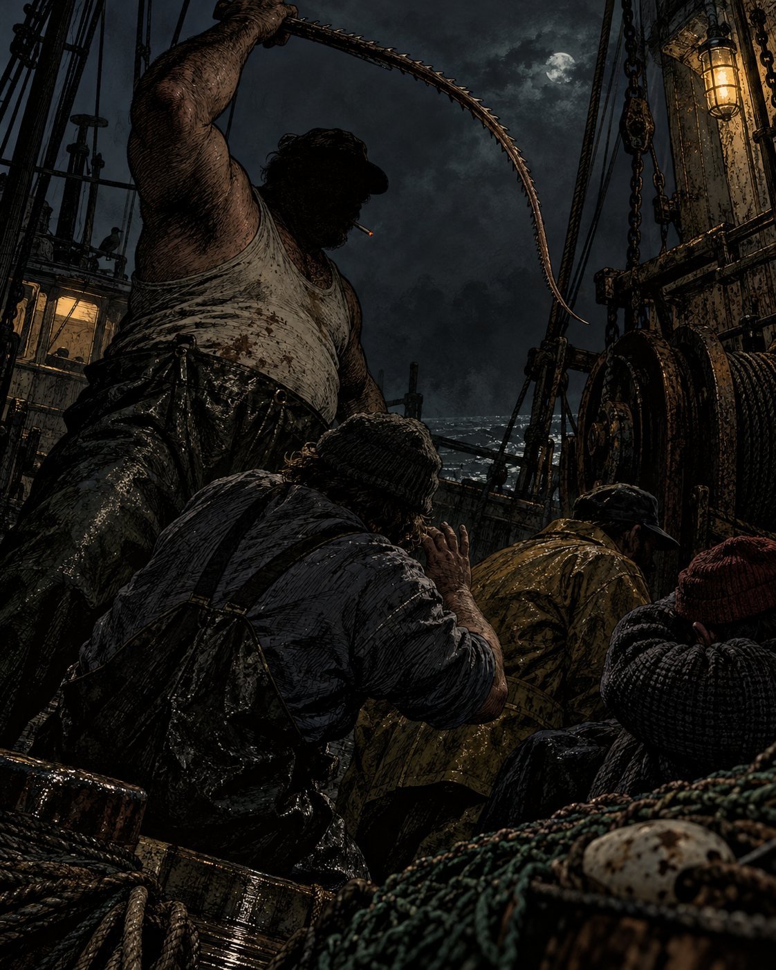 A captain raises a long stingray tail like a whip over flinching crew on a dark deck