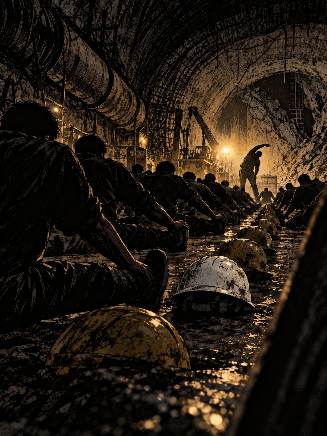 Men in a dim tunnel stretching in a row beside a line of hard hats on the floor