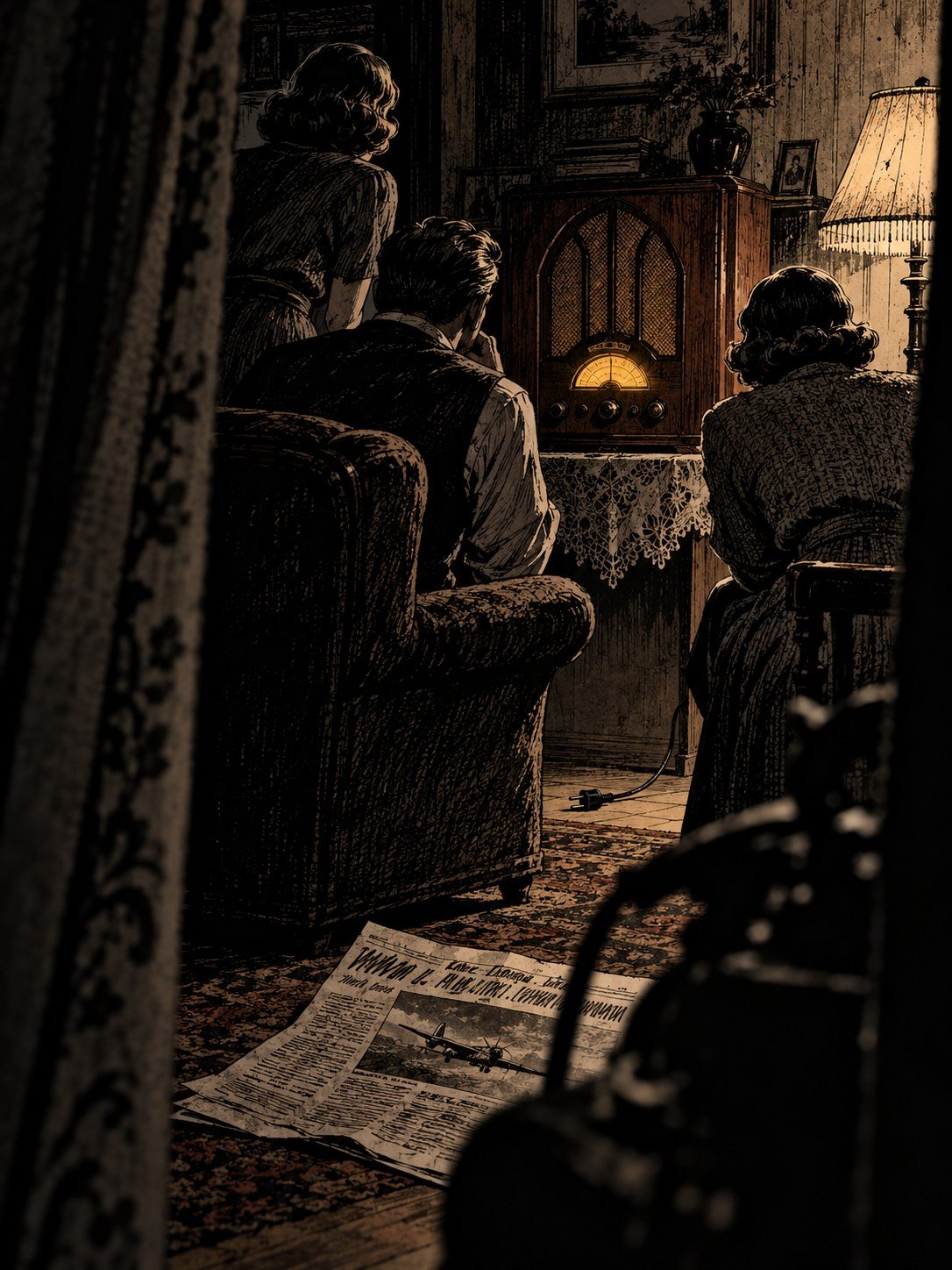 A 1937 American living room at night, a family seen from behind gathered around a large wooden radio set, lamp light, a newspaper on the floor with a headline drawn as illegible st