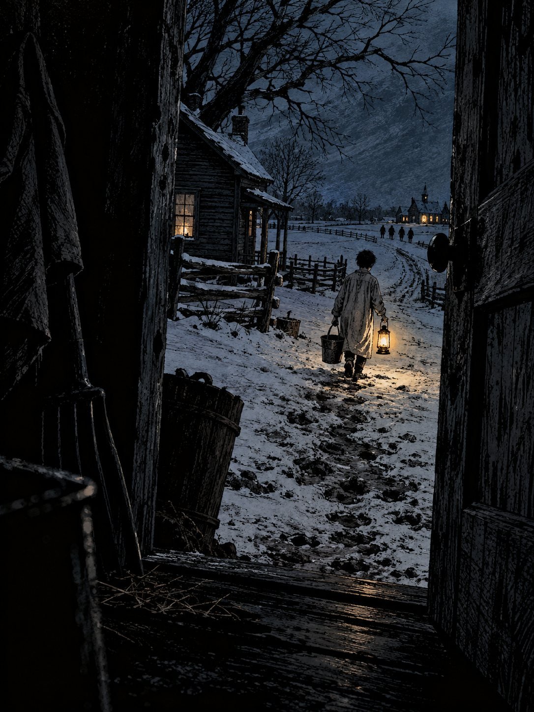 A boy carrying a lantern and a bucket walks up a snowy lane toward a farmhouse at dusk