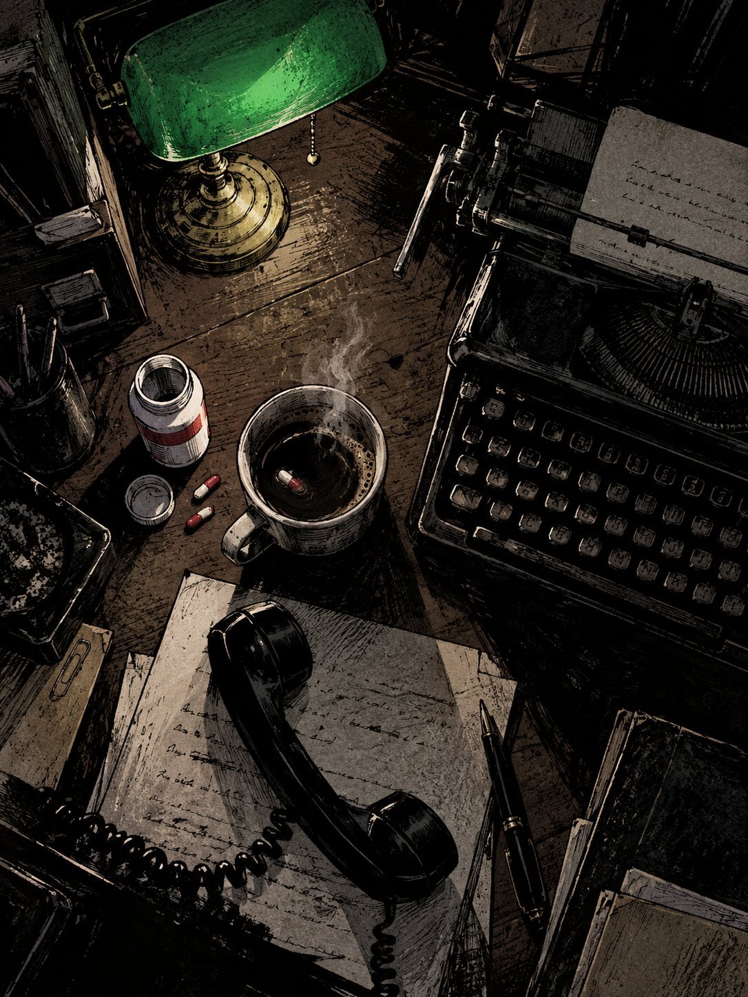 Overhead view of a 1980s office desk at night: typewriter, coffee mug still steaming, a small white pill bottle with a plain label and no readable brand name open, and the phone re