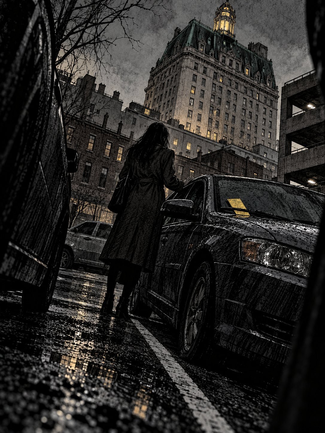 A woman in a coat stands frozen beside a parked car with a parking ticket under the wiper, a grand old hotel tower above