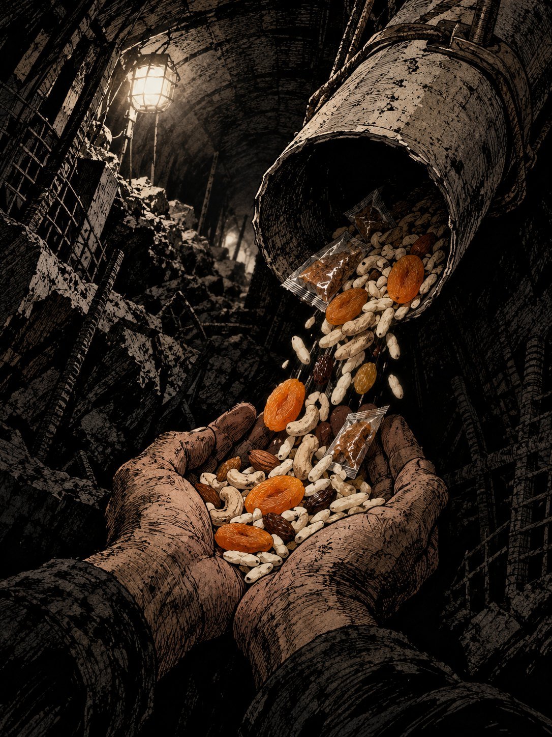 Dry fruit and food packets pouring from a thin pipe into two cupped hands