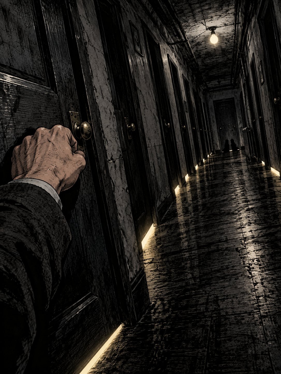 A long 1960 Chicago apartment hallway, a row of identical doors fading into darkness. In the foreground, a detective's fist in a coat sleeve is raised to knock on the nearest door