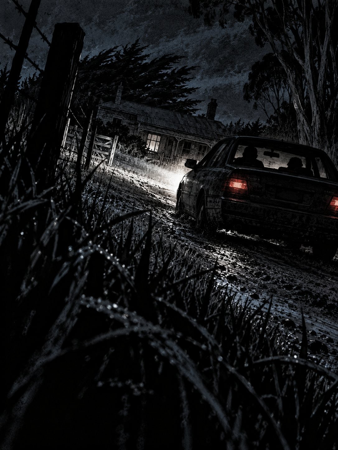 Predawn frost. A car rolls slowly up the gravel driveway toward the farmhouse with its headlights blazing straight into the camera, glare blowing out half the frame