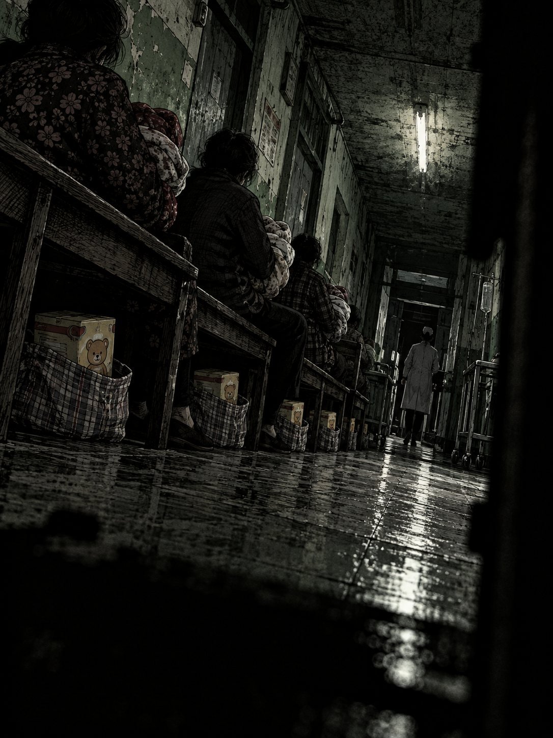 Women holding wrapped bundles wait on benches in a peeling hospital corridor, formula boxes in bags beneath them