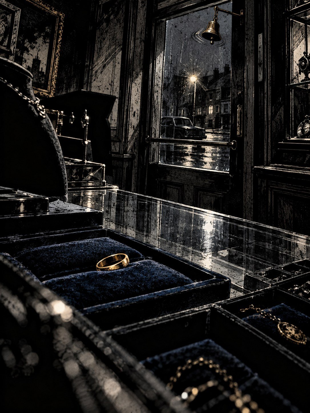 A single wedding ring on velvet in a jeweller's counter, a bell over the door