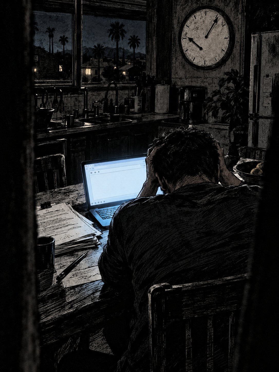 Night, a kitchen table: a man seen from behind, head in his hands, a printed legal document beside him, a laptop open to a blank email
