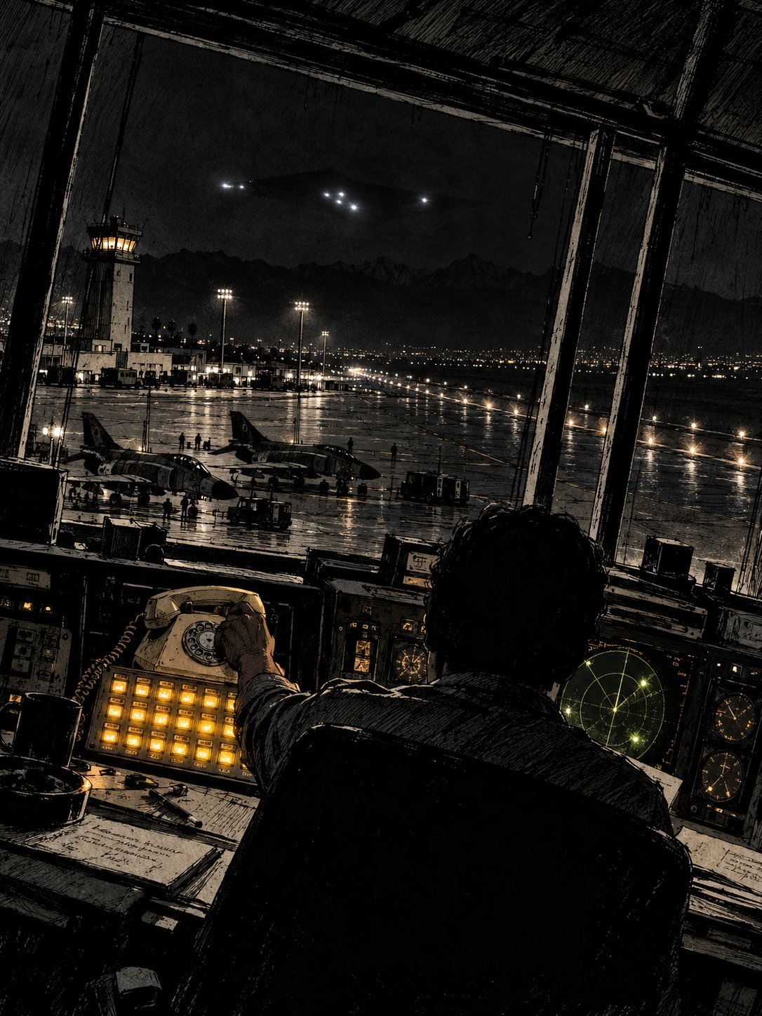 Mehrabad airport control tower, 1976, after midnight: big slanted windows over a dark runway, a beige rotary phone on the console with all its line buttons lit. An air traffic cont