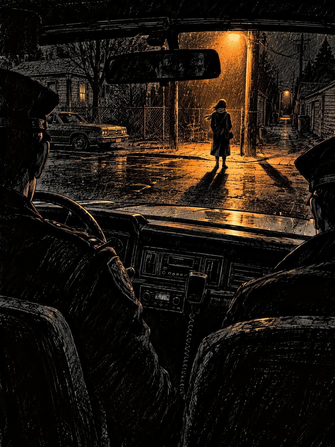 1986, inside a patrol car at night: two officers seen from behind in the front seats, looking at a street corner. Under the corner streetlight, a woman in a coat and scarf stands a