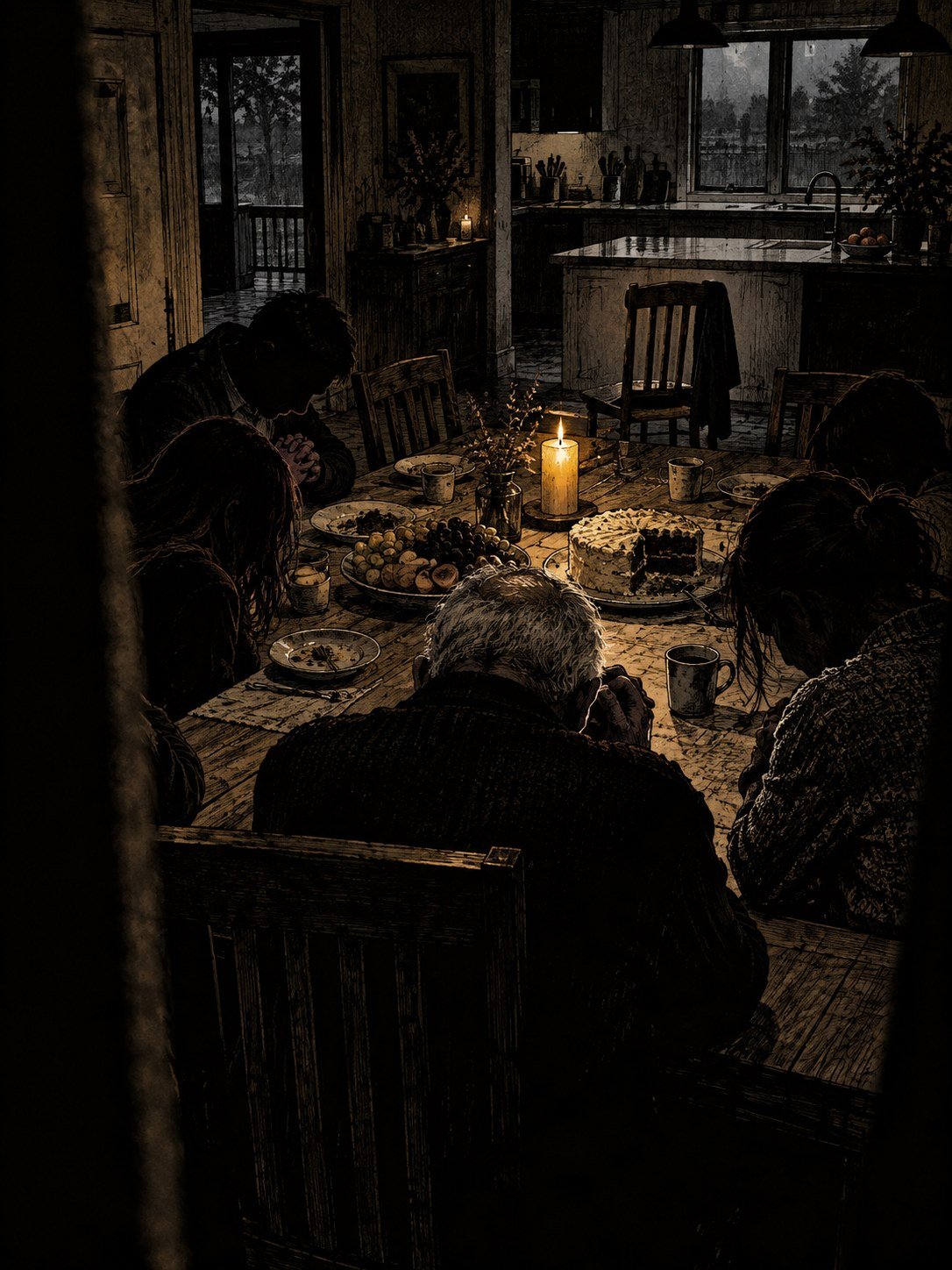 Family members with bowed heads praying around a candle-lit table with cake and fruit