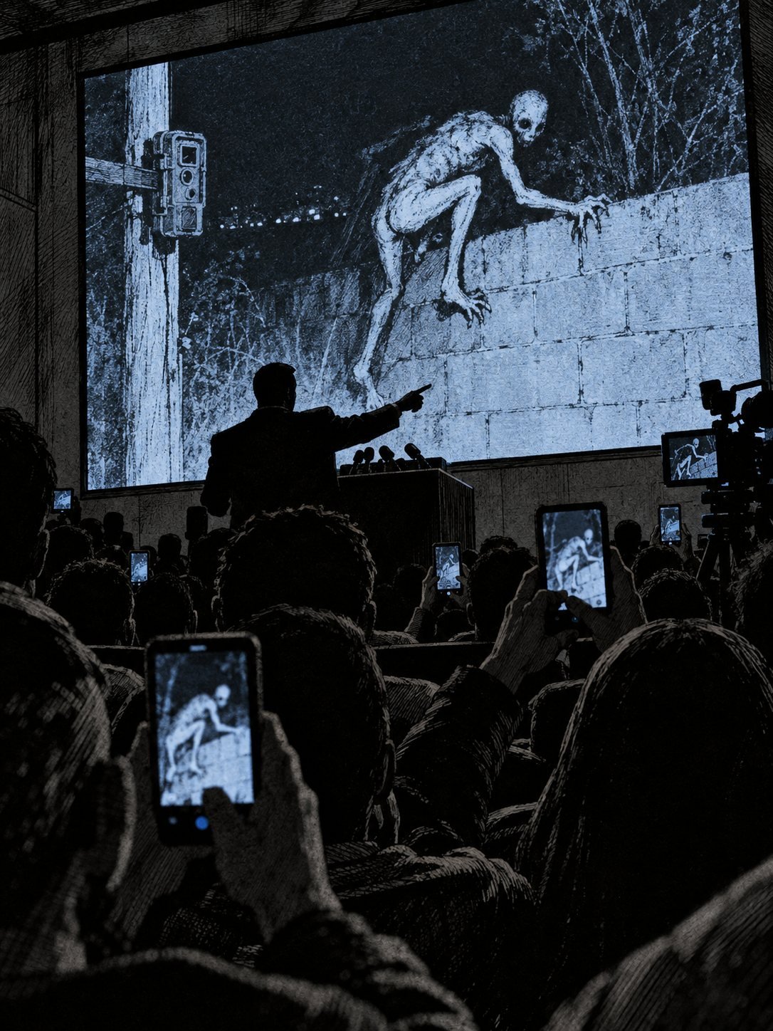 A Mexican press conference room, rows of reporters holding up phones. At the front, a large screen shows the pale climbing creature on the wall, blown up huge