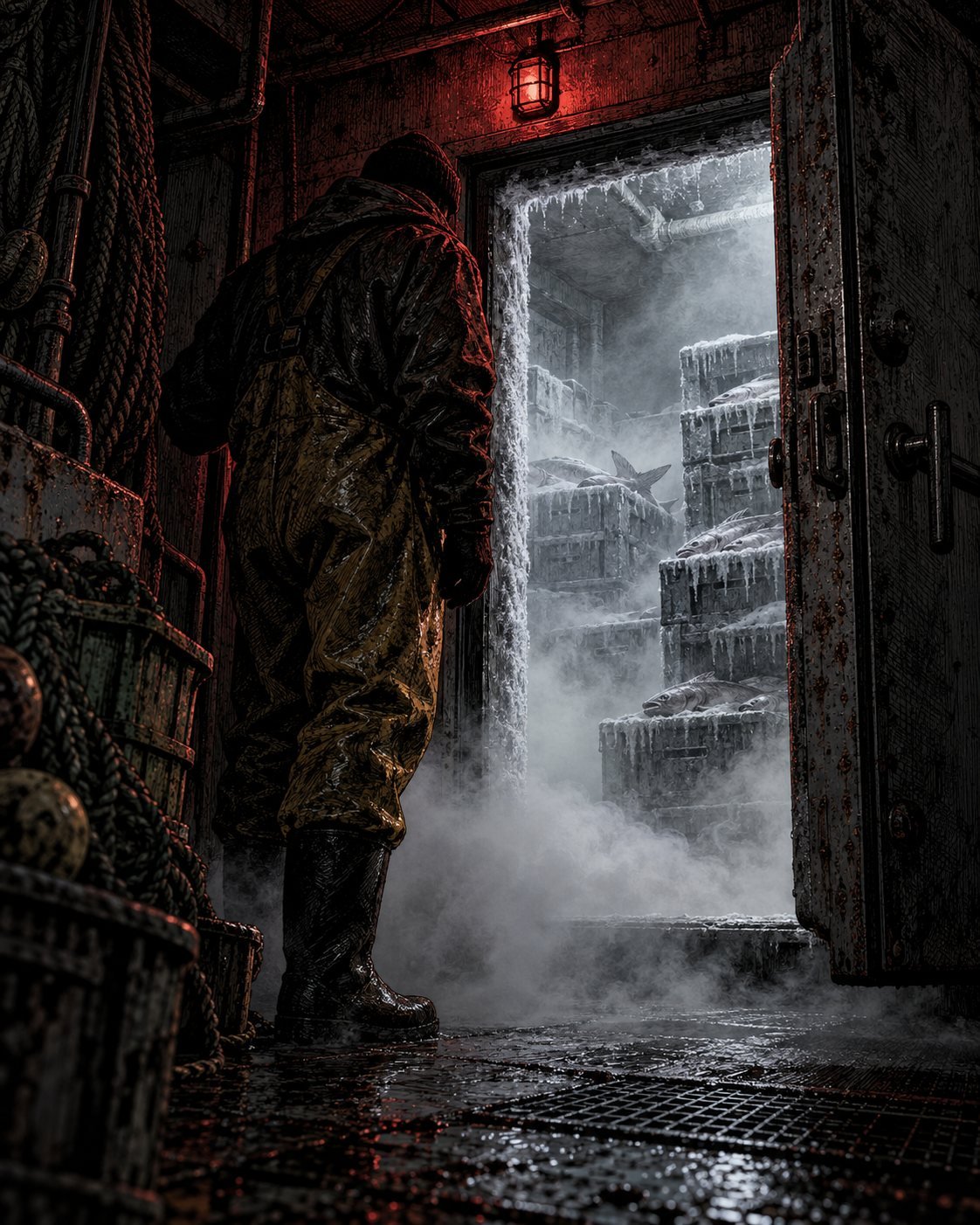 A fisherman stands in front of an open ship freezer as icy fog pours out over stacked crates of fish